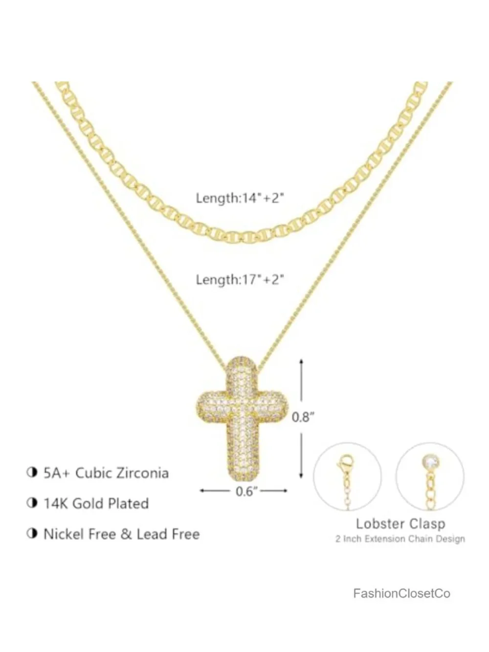 14k Gold Plated Cross Necklace Set with CZ Bubble Pendant